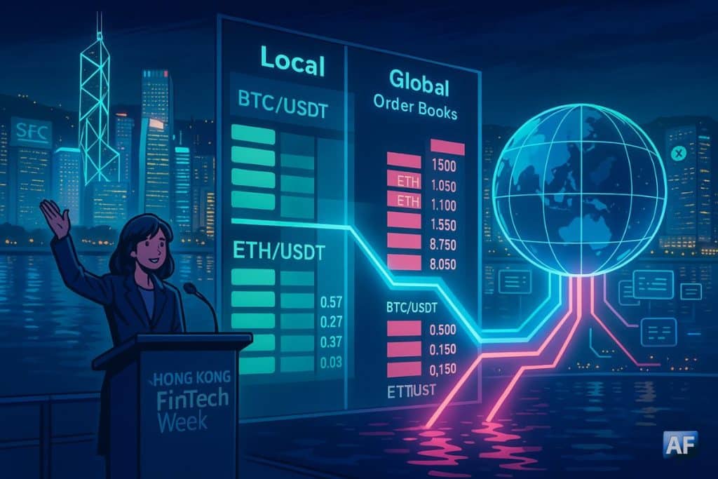 Hong Kong connecte ses carnets d’ordres « locaux » à la liquidité « mondiale », des colonnes d’ordres fusionnant en faisceaux néon vers un globe au-dessus de Victoria Harbour.