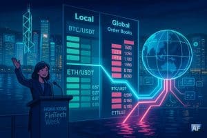 Hong Kong connecte ses carnets d’ordres « locaux » à la liquidité « mondiale », des colonnes d’ordres fusionnant en faisceaux néon vers un globe au-dessus de Victoria Harbour.