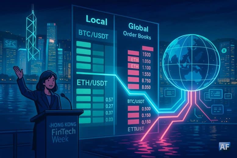 Hong Kong connecte ses carnets d’ordres « locaux » à la liquidité « mondiale », des colonnes d’ordres fusionnant en faisceaux néon vers un globe au-dessus de Victoria Harbour.