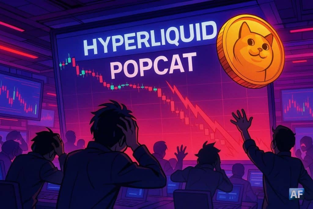 Une salle de trading Hyperliquid en style manga explose de panique tandis qu’un énorme graphique de POPCAT s’effondre en chandeliers rouges sous un jeton doré à tête de chat flottant au-dessus des écrans.