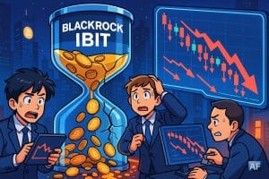 Une grande horloge de sable “BlackRock IBIT” se fissure et laisse s’échapper des pièces Bitcoin sous les yeux de traders paniqués, tandis qu’un écran géant affiche un violent krach du cours en style BD/manga.