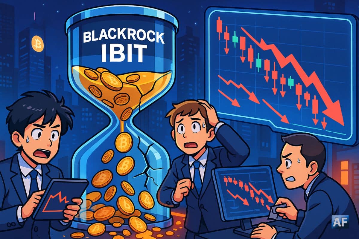 Une grande horloge de sable “BlackRock IBIT” se fissure et laisse s’échapper des pièces Bitcoin sous les yeux de traders paniqués, tandis qu’un écran géant affiche un violent krach du cours en style BD/manga.