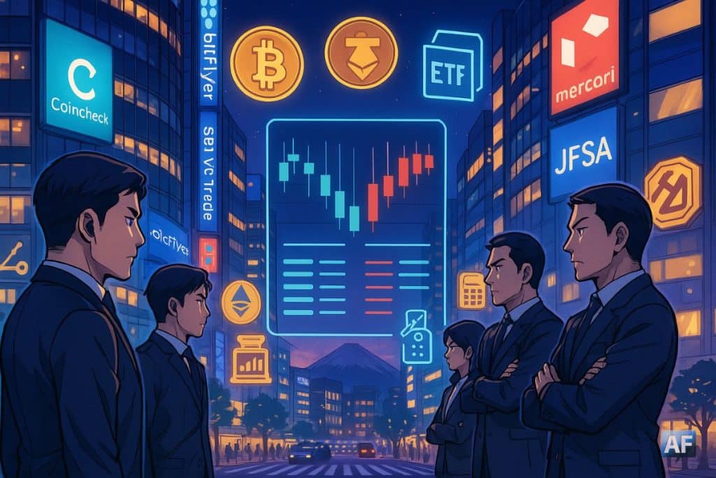 Tokyo au crépuscule, un hologramme de carnet d’ordres sépare exchanges et banques sous les néons, symbolisant une compétition crypto japonaise attisée par l’assouplissement réglementaire.