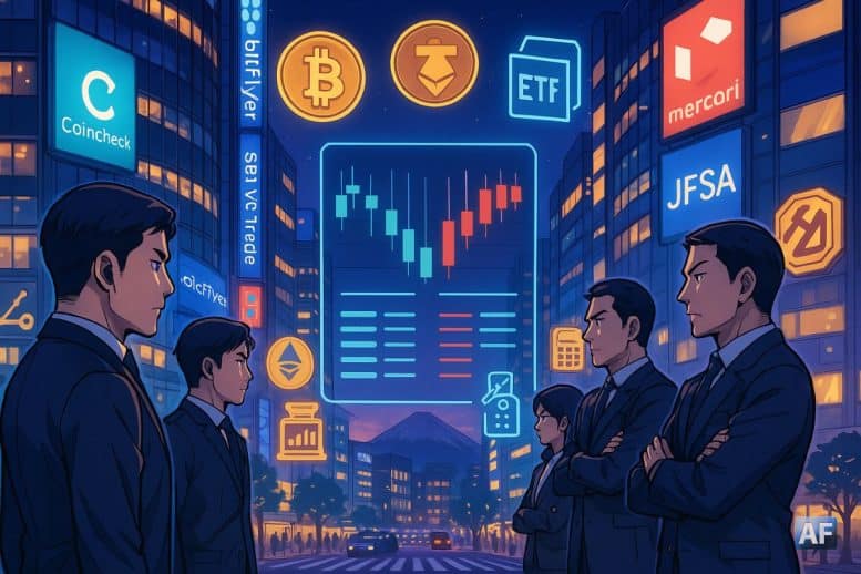 Tokyo au crépuscule, un hologramme de carnet d’ordres sépare exchanges et banques sous les néons, symbolisant une compétition crypto japonaise attisée par l’assouplissement réglementaire.