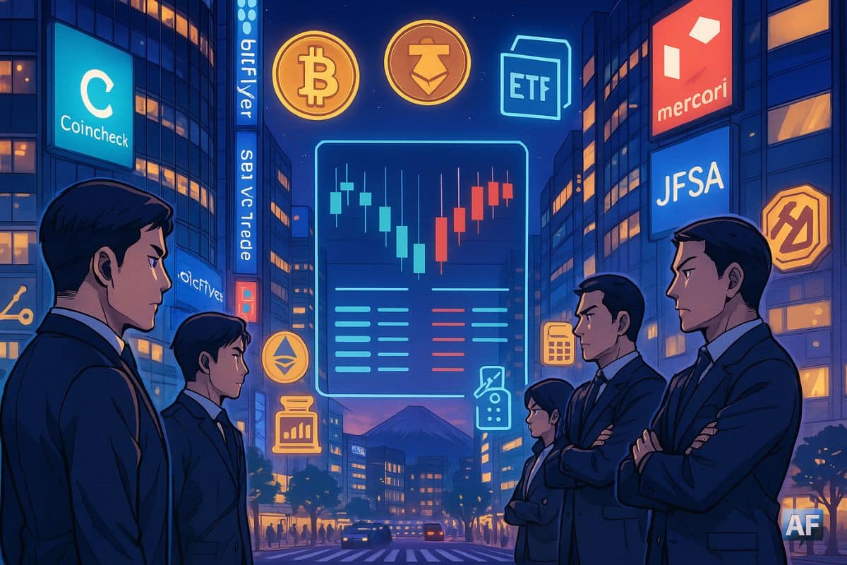 Tokyo au crépuscule, un hologramme de carnet d’ordres sépare exchanges et banques sous les néons, symbolisant une compétition crypto japonaise attisée par l’assouplissement réglementaire.