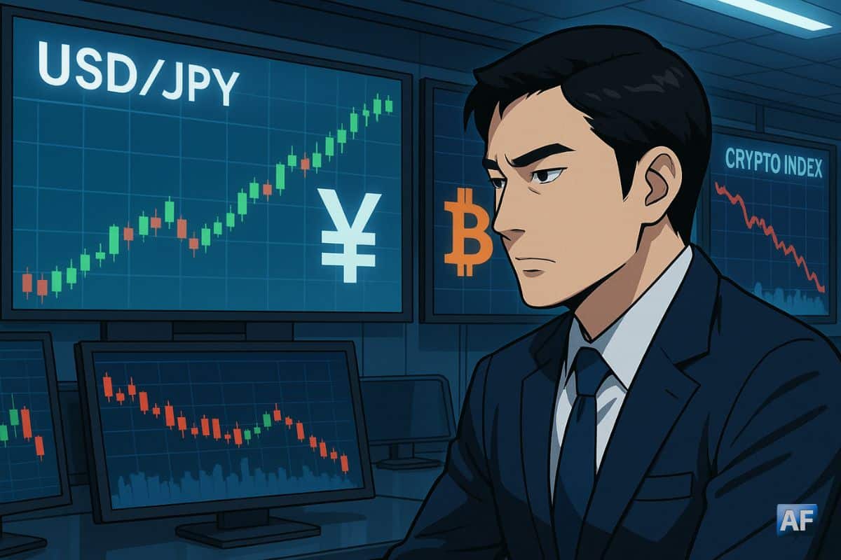 Un trader japonais concentré à Tokyo, devant des écrans en paysage montrant le rebond du yen, tandis que Bitcoin décroche en style manga.