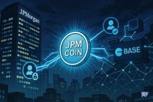 Un jeton « JPM Coin » lumineux relie la tour JPMorgan et le réseau Base, symbolisant des paiements institutionnels tokenisés, sécurisés et disponibles 24/7.