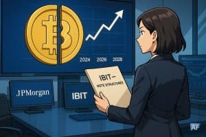 Une banquière de JPMorgan, en style manga, présente une note structurée IBIT devant un écran affichant un Bitcoin coupé en deux et une courbe 2024-2028 haussière, entourée de moniteurs aux logos JPMorgan et IBIT.