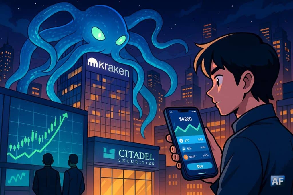 Un gigantesque Kraken lumineux domine les tours “Kraken” et “Citadel Securities” dans une skyline nocturne, tandis qu’un jeune trader contemple sur son smartphone son portefeuille crypto en forte hausse.