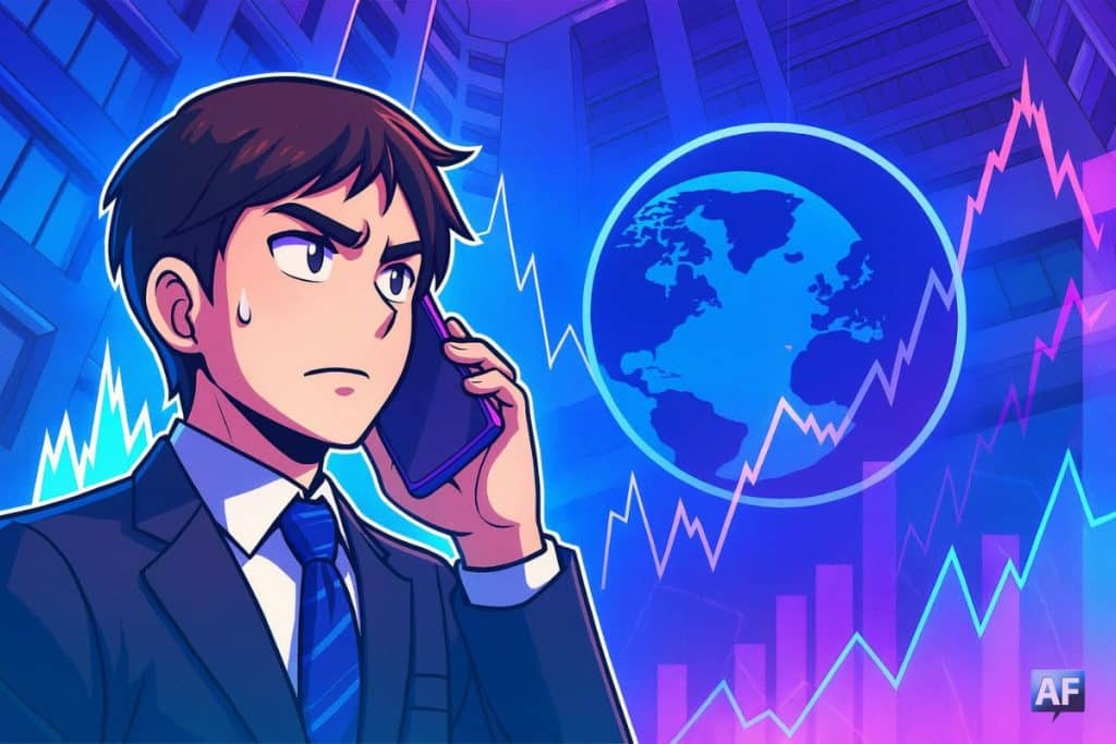 Illustration manga représentant un contexte financier mondial, montrant un personnage inquiet devant des graphiques volatils, symbolisant l’avertissement du FMI sur les risques de la tokenisation.