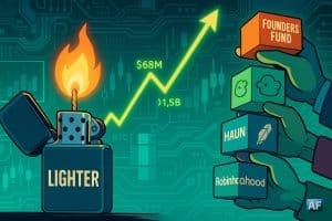 Un briquet “Lighter” embrase une mèche qui se transforme en graphe haussier néon, tandis que quatre mains brandissent des blocs aux logos Founders Fund, Ribbit, Haun Ventures et Robinhood sur fond de circuit Ethereum.
