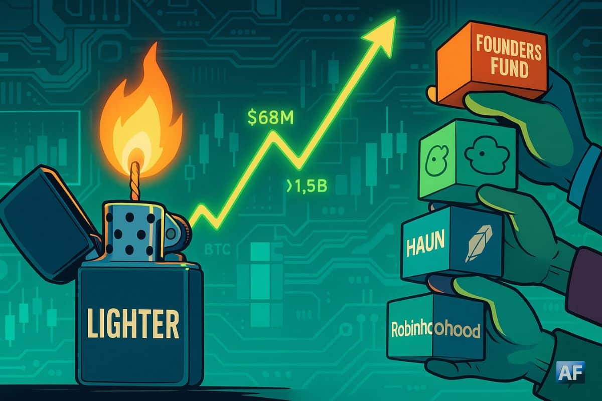 Un briquet “Lighter” embrase une mèche qui se transforme en graphe haussier néon, tandis que quatre mains brandissent des blocs aux logos Founders Fund, Ribbit, Haun Ventures et Robinhood sur fond de circuit Ethereum.