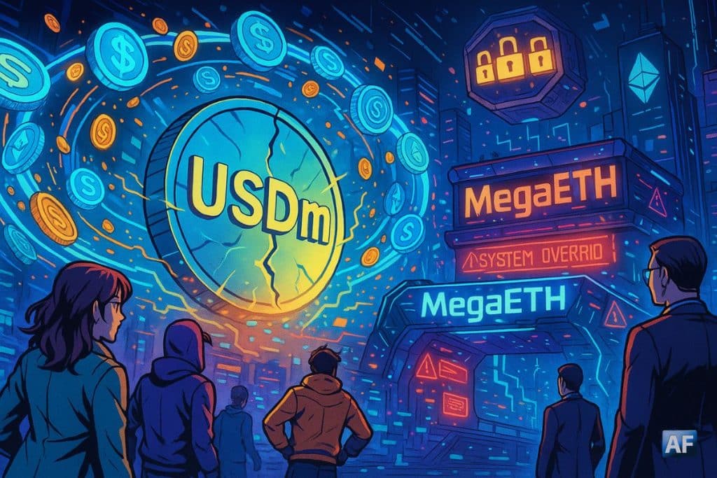Une immense pièce USDm fissurée tourbillonne dans une ville néon façon MegaETH, tandis que des investisseurs médusés observent les flux de stablecoins et les panneaux d’alerte s’illuminer tout autour.