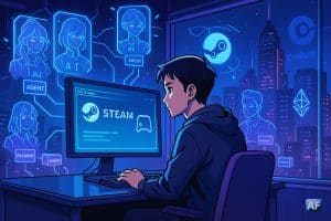 Un jeune gamer développeur, baigné de néons bleu-violet, explore Steam pendant que des avatars IA holographiques et des icônes d’Ethereum et Coinbase flottent autour de lui dans une ville futuriste nocturne.
