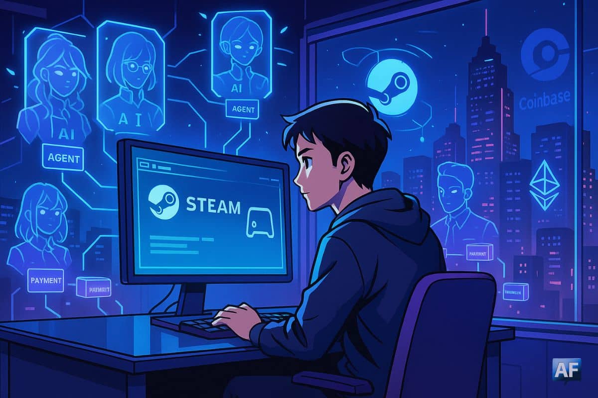 Un jeune gamer développeur, baigné de néons bleu-violet, explore Steam pendant que des avatars IA holographiques et des icônes d’Ethereum et Coinbase flottent autour de lui dans une ville futuriste nocturne.