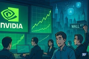 Une salle de marché futuriste s’illumine de verts éclats tandis que des traders observent, soulagés, l’envolée du cours Nvidia sur d’immenses écrans dominés par le logo de la firme et des symboles d’IA.