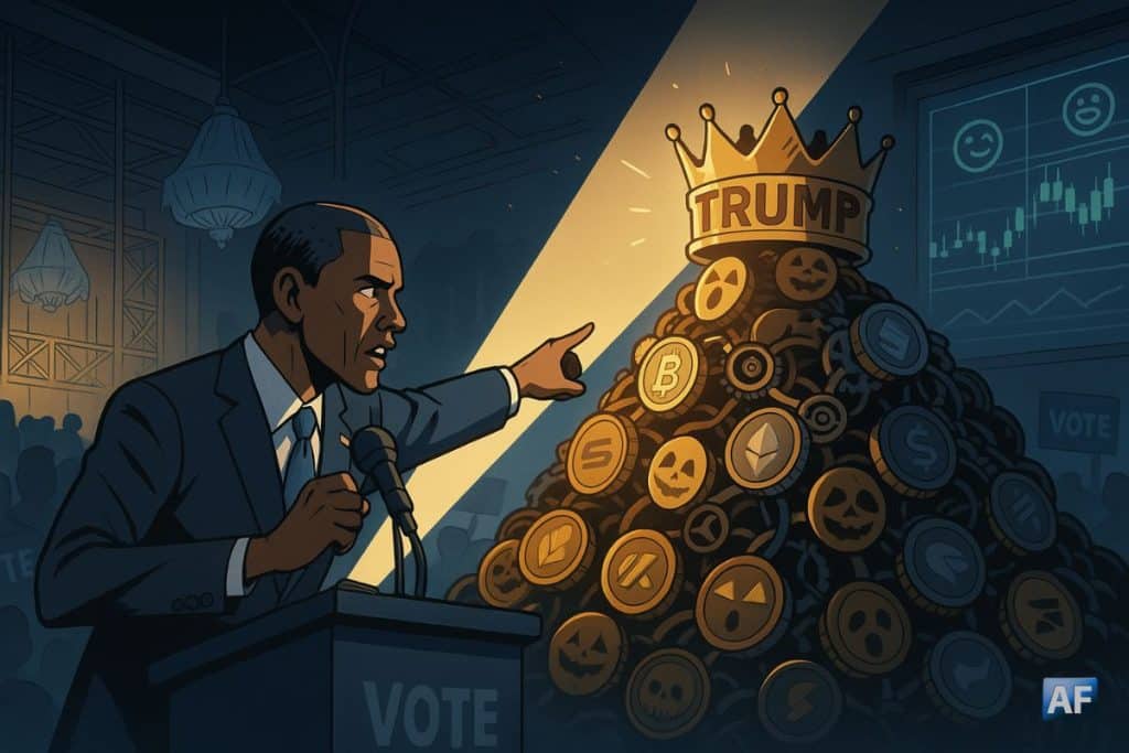 Lumière de meeting sur une « machination » crypto : Obama au pupitre pointe une montagne de pièces reliées par des rouages, couronnée « TRUMP », allégorie BD/Manga en format paysage.