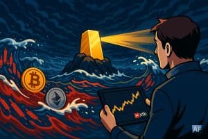 Un investisseur observe sur sa tablette XTB un marché crypto en tempête tandis qu’un gigantesque lingot d’or, dressé comme un phare au milieu des vagues portant des pièces Bitcoin et Ethereum, éclaire l’horizon.
