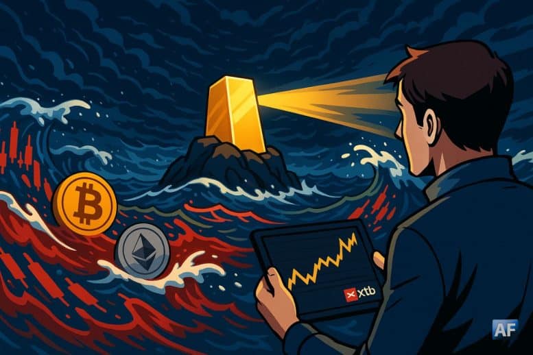 Un investisseur observe sur sa tablette XTB un marché crypto en tempête tandis qu’un gigantesque lingot d’or, dressé comme un phare au milieu des vagues portant des pièces Bitcoin et Ethereum, éclaire l’horizon.