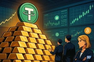 Dans une salle de marché, des traders se tiennent devant une montagne de lingots sur laquelle trône une pièce USDT géante.