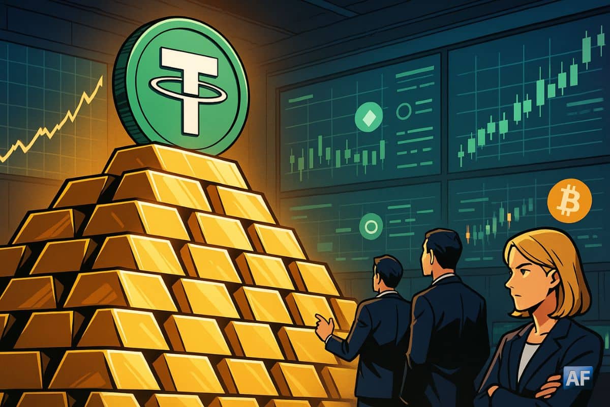 Dans une salle de marché, des traders se tiennent devant une montagne de lingots sur laquelle trône une pièce USDT géante.