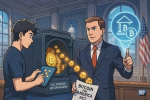 Un contribuable américain paye ses impôts en Bitcoin via une tablette, face à un député présentant le « Bitcoin for America Act » devant un gigantesque coffre-fort étiqueté « U.S. Strategic Bitcoin Reserve » rempli de pièces BTC.