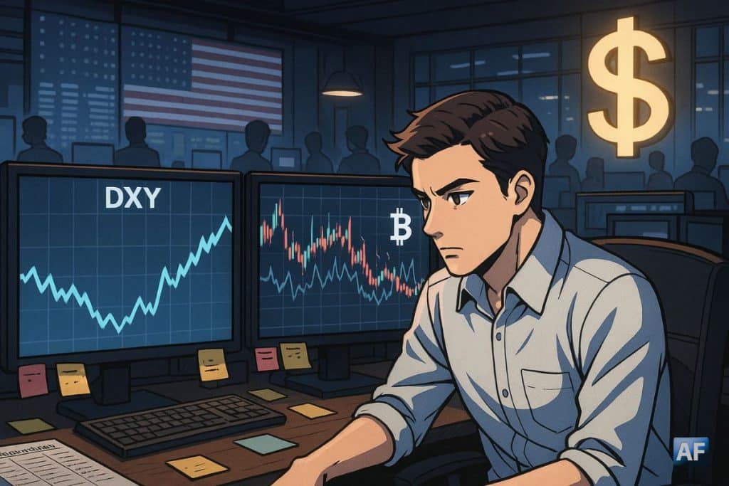 Un trader concentré observe le rebond du dollar et la volatilité du Bitcoin sur ses écrans, dans une salle de marché américaine baignée par la lumière froide des moniteurs.