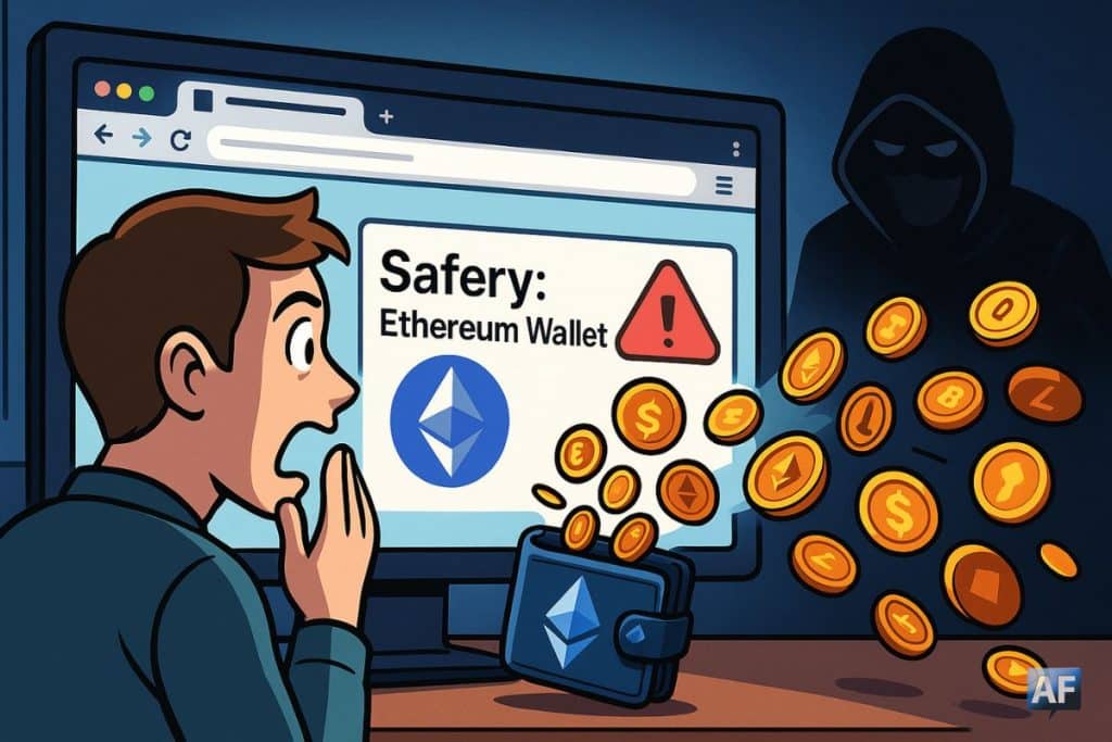 Un investisseur particulier en plein effroi devant un écran et son portefeuille en train d'être siphonné.