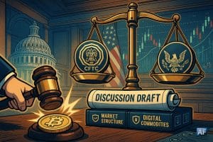 Une scène au Sénat américain met en balance CFTC et SEC au-dessus d’un « Discussion Draft », tandis qu’un maillet frappe une pièce Bitcoin sur fond de graphiques de marché.