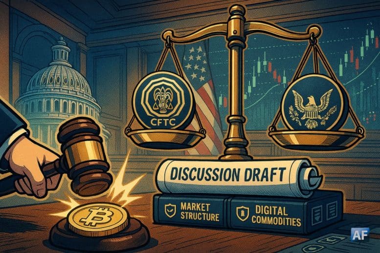 Une scène au Sénat américain met en balance CFTC et SEC au-dessus d’un « Discussion Draft », tandis qu’un maillet frappe une pièce Bitcoin sur fond de graphiques de marché.