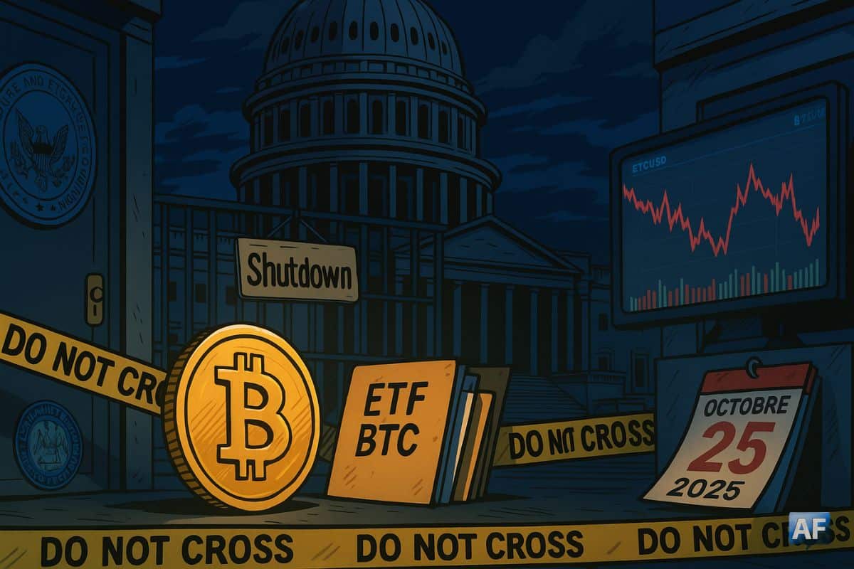 Une pièce Bitcoin encordée par un ruban « Do Not Cross » trône devant un Capitole éteint et des dossiers “ETF BTC/ETH”, tandis qu’un écran boursier rougeoyant et les sceaux SEC/CFTC suggèrent la tension du shutdown.