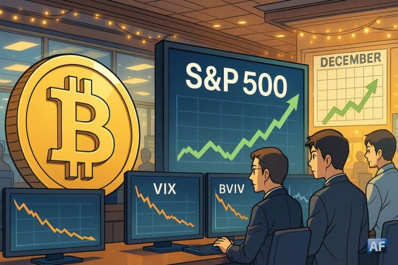 Une grande pièce Bitcoin dorée fait face à un écran S&P 500 en forte hausse, tandis que des traders observent des graphiques VIX et BVIV en chute dans une salle de marché décorée pour décembre.