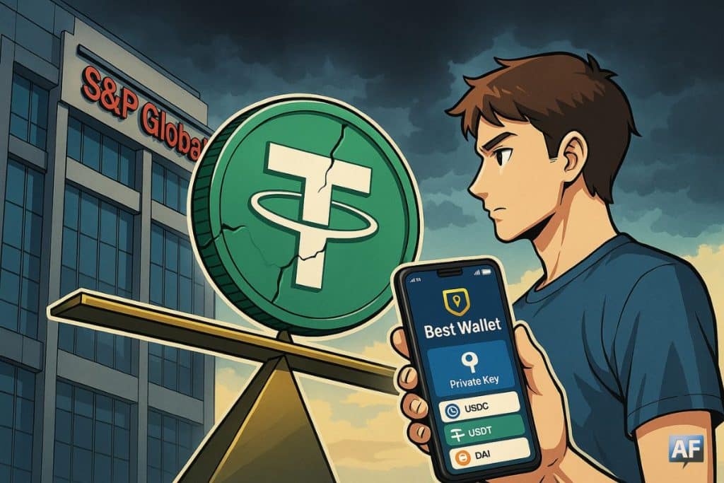 Une pièce Tether fissurée sur une balance devant le siège de S&P, face à un utilisateur tenant son smartphone affichant l’application Best Wallet sécurisée.
