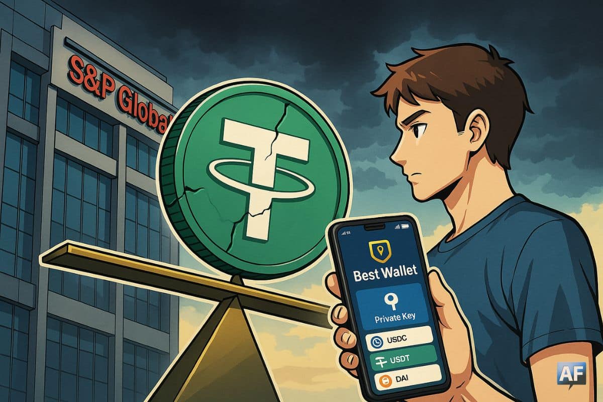Une pièce Tether fissurée sur une balance devant le siège de S&P, face à un utilisateur tenant son smartphone affichant l’application Best Wallet sécurisée.