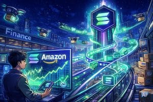 Un analyste crypto contemple un immense écran Solana–Amazon dans une mégapole futuriste, ou trône une tour lumineuse aux couleurs de Solana entourée de drones-livreurs financiers.