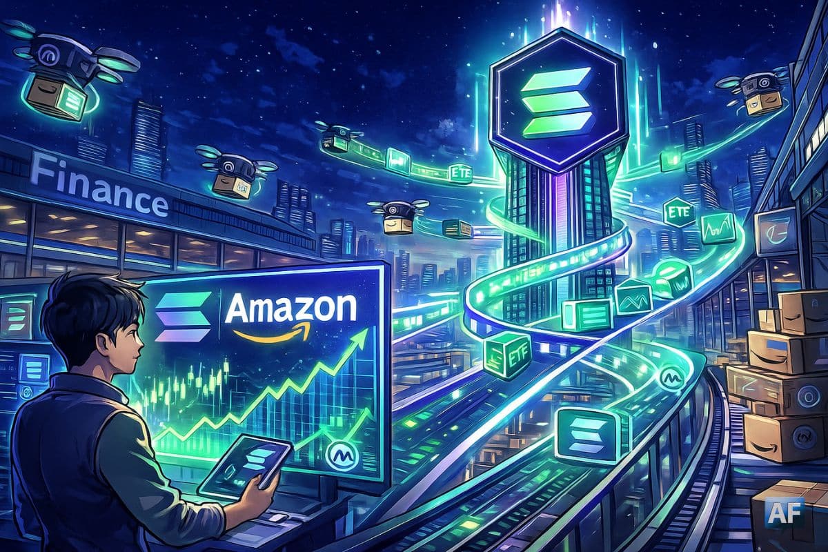 Un analyste crypto contemple un immense écran Solana–Amazon dans une mégapole futuriste, ou trône une tour lumineuse aux couleurs de Solana entourée de drones-livreurs financiers.
