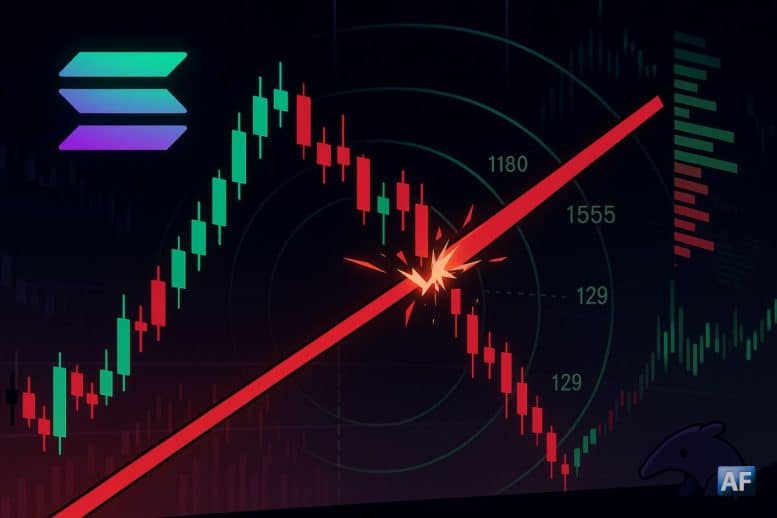 Un graphique en chandeliers japonais montre la trendline de Solana, qu'une ligne rouge vient briser.