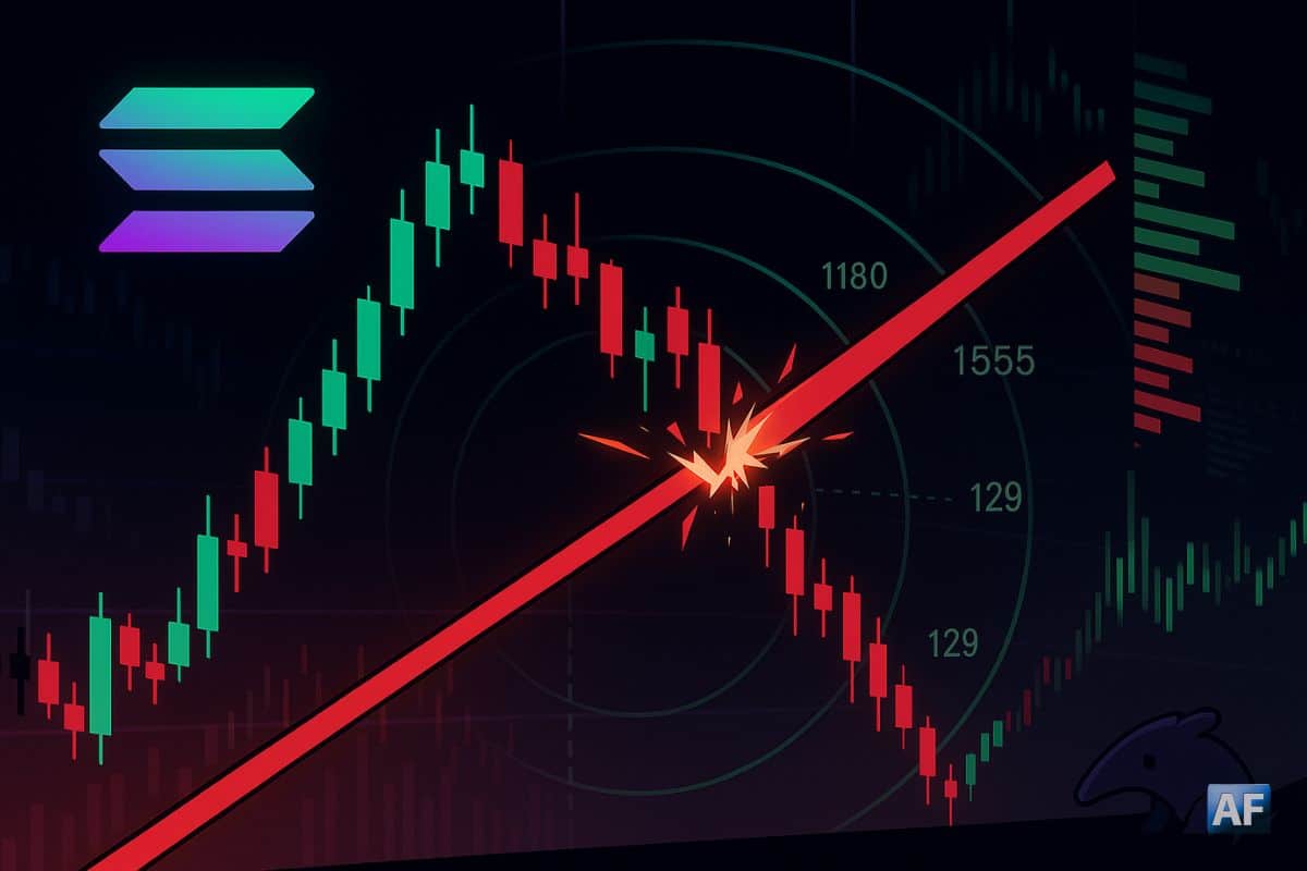Un graphique en chandeliers japonais montre la trendline de Solana, qu'une ligne rouge vient briser.
