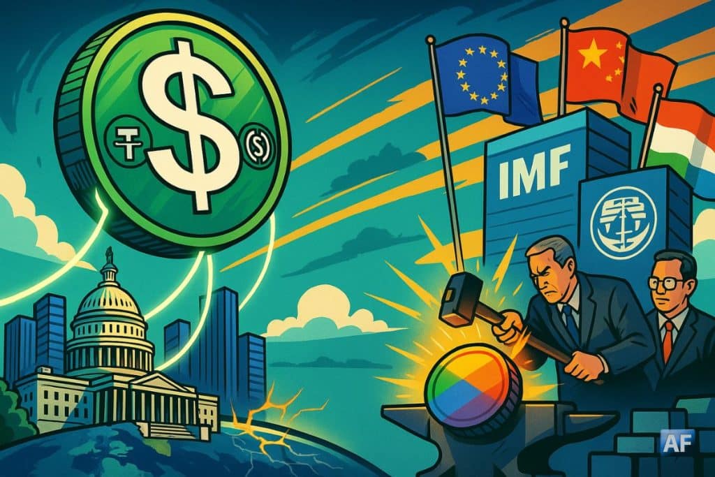 Une gigantesque pièce stablecoin en dollars reliée au Capitole fait face à des dirigeants forgeant une nouvelle monnaie numérique multicolore sous les drapeaux du FMI, de l’Europe et de la Chine.