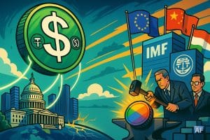 Une gigantesque pièce stablecoin en dollars reliée au Capitole fait face à des dirigeants forgeant une nouvelle monnaie numérique multicolore sous les drapeaux du FMI, de l’Europe et de la Chine.