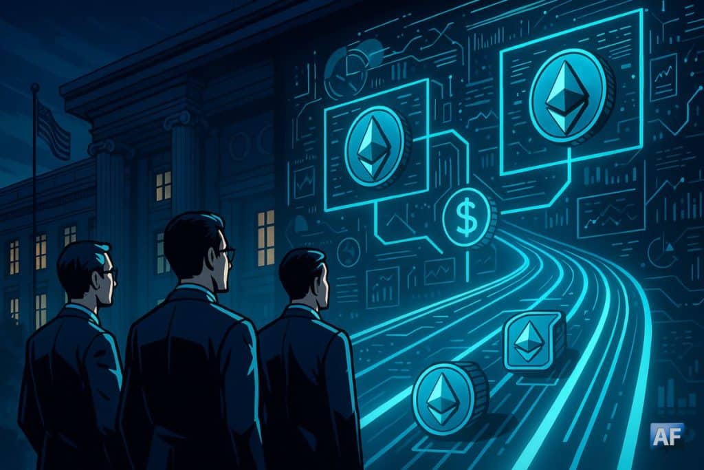 Des banquiers devant un bâtiment officiel de Washington, observant un tableau de bord blockchain lumineux où des icônes Ethereum alimentent des rails de paiement numériques.
