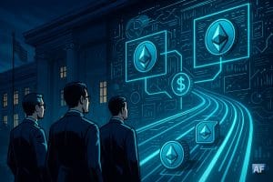 Des banquiers devant un bâtiment officiel de Washington, observant un tableau de bord blockchain lumineux où des icônes Ethereum alimentent des rails de paiement numériques.