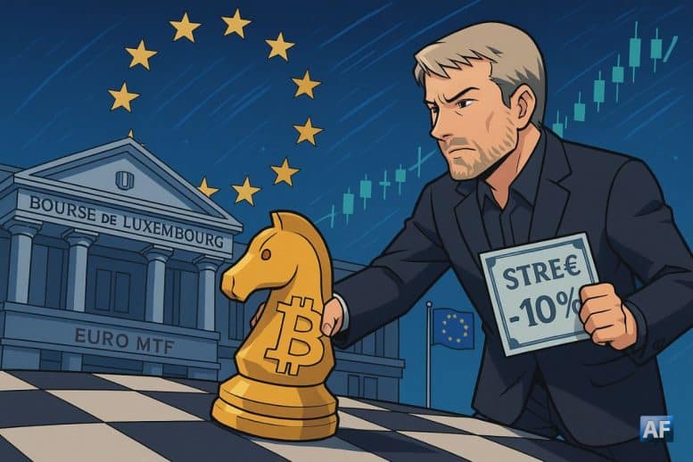 Michael Saylor pousse un cavalier ₿ sur un échiquier fusionné à la Bourse de Luxembourg, sous un ciel européen traversé par une courbe haussière, tandis qu’un certificat « STRE – 10 % » brille dans sa main.