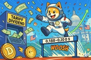 Un Shiba-Inu astronaute saute la résistance « 0,188–0,20 $ » tandis qu’un distributeur « TARIFF DIVIDEND » crache des chèques de 2 000 $ sur fond de courbe DOGE ascendante.