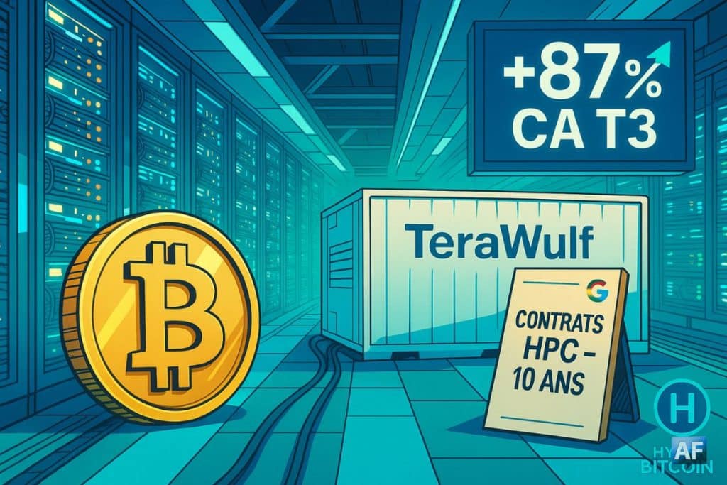 Un énorme container "Terawulf" se tient dans un compute center high tech, avec une pièce Bitcoin géante et un panneau "+87% CA T3".