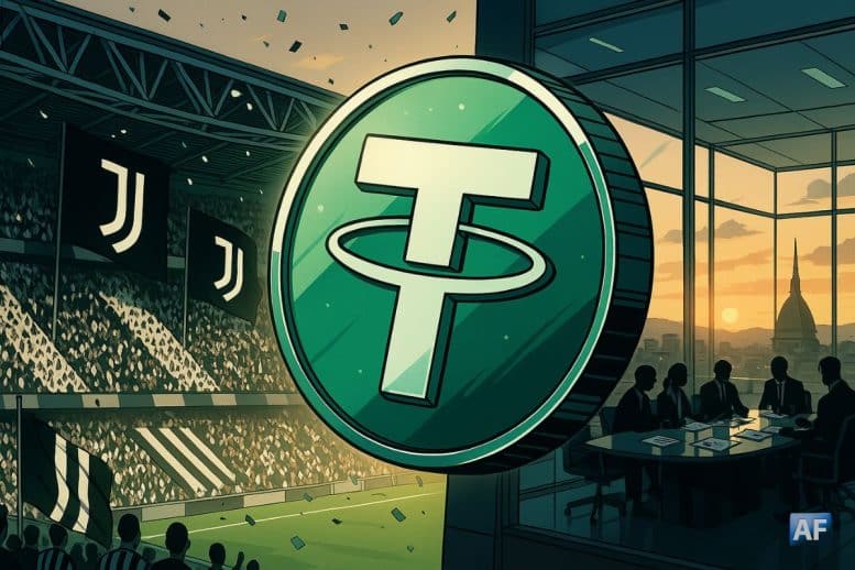 Un jeton Tether (USDT) vert émeraude domine la scène entre les tribunes noir et blanc de la Juventus et une salle de conseil vitrée sur Turin au soleil couchant, symbolisant l’alliance crypto–football.
