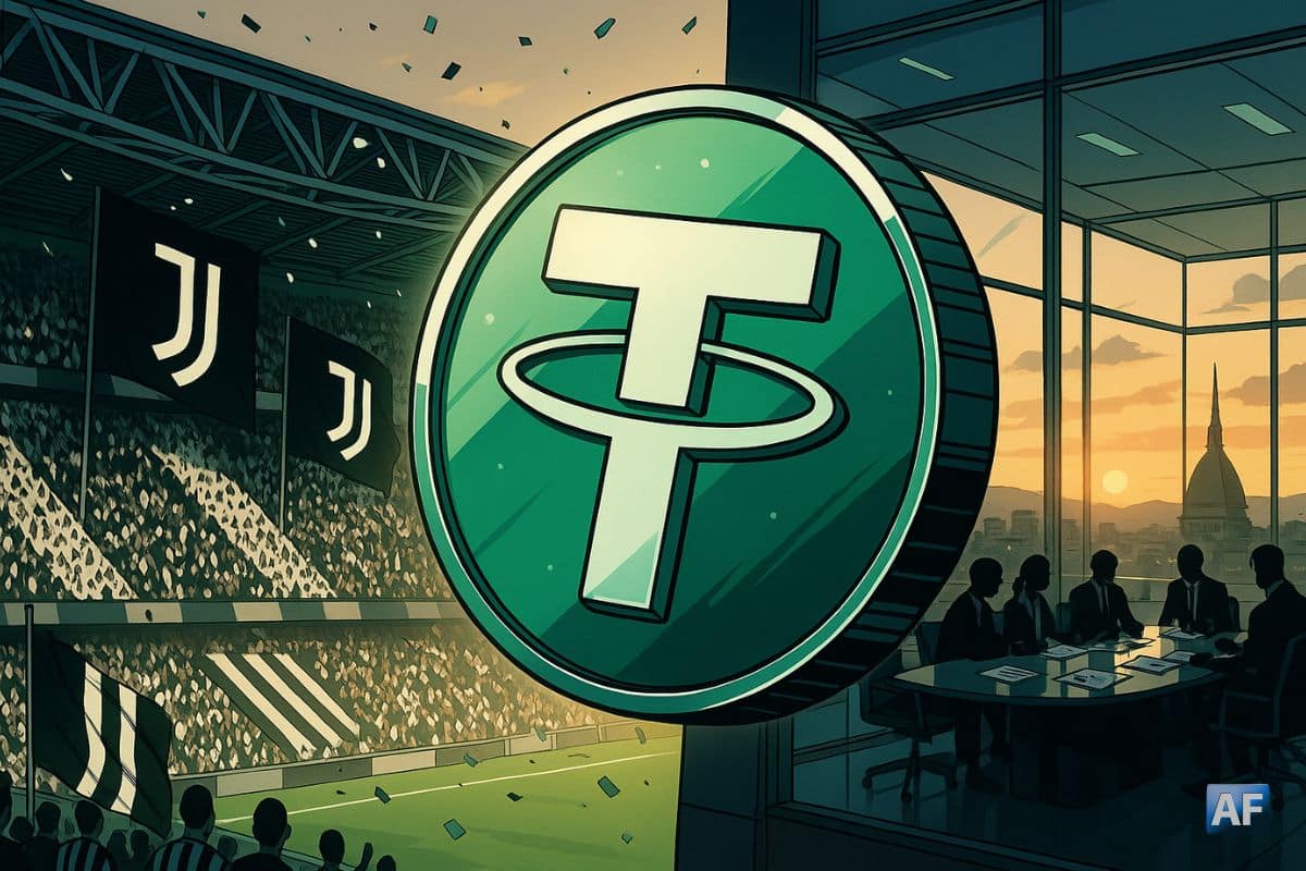 Un jeton Tether (USDT) vert émeraude domine la scène entre les tribunes noir et blanc de la Juventus et une salle de conseil vitrée sur Turin au soleil couchant, symbolisant l’alliance crypto–football.