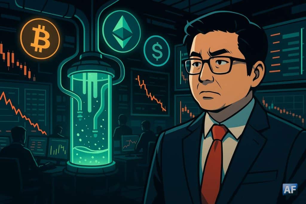 Tom Lee, en costume sombre, observe d’un air préoccupé un immense réservoir de liquidité presque vide au milieu d’une salle de trading crypto plongée dans la pénombre, entouré d’écrans affichant des courbes en chute.