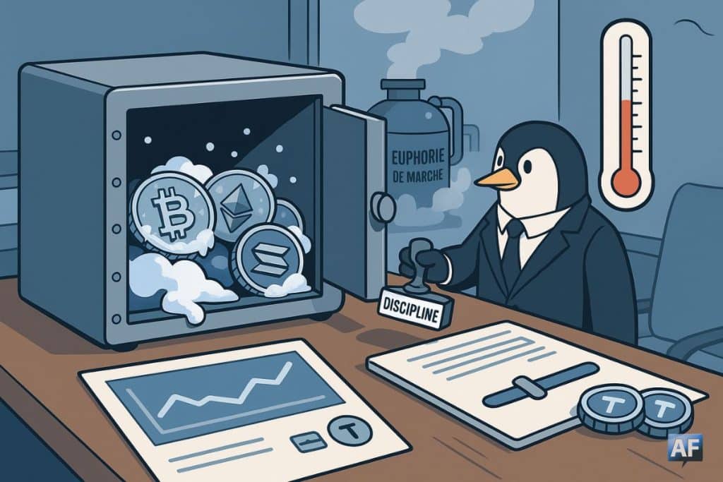 Un coffre-fort de trésorerie givré déborde de pièces BTC/ETH/SOL tandis qu’un manchot-auditeur tamponne « discipline » sous un thermomètre qui chute et une chaudière « euphorie de marché » qui s’éteint.