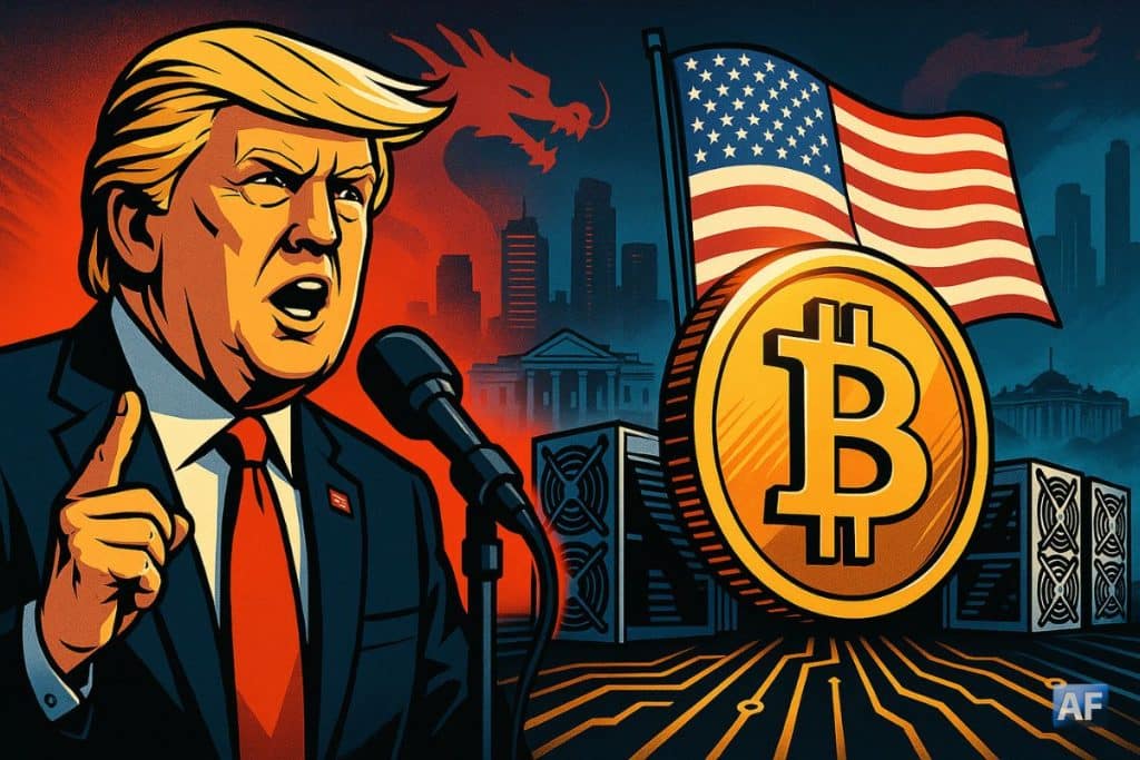 Trump en discours face à une grande pièce ₿, racks de minage et drapeau US, skyline de Miami et Maison Blanche en arrière-plan, éclairage dramatique.